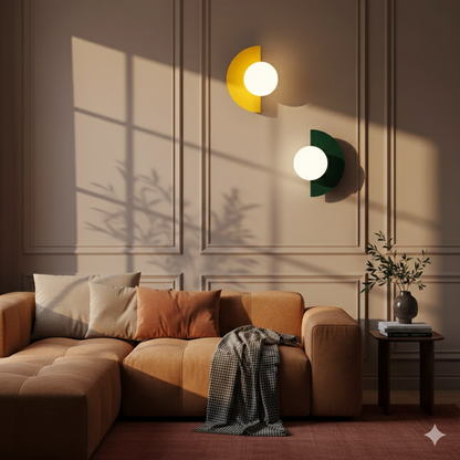 Applique LED minimalista con globo in vetro e base a mezzaluna