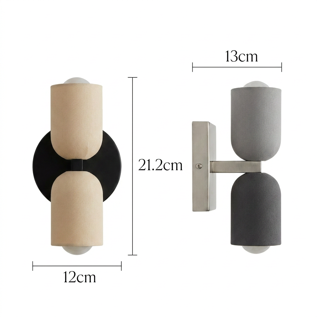 Applique moderna cilindrica in metallo a due luci con fascio verso l'alto e il basso