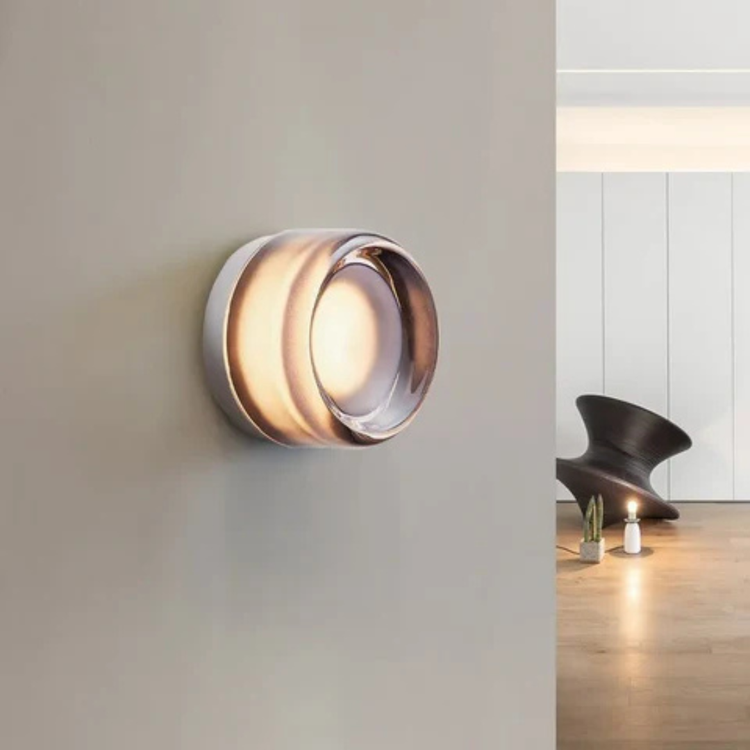 Applique rotonda in vetro colorato ambra, lampada da parete LED