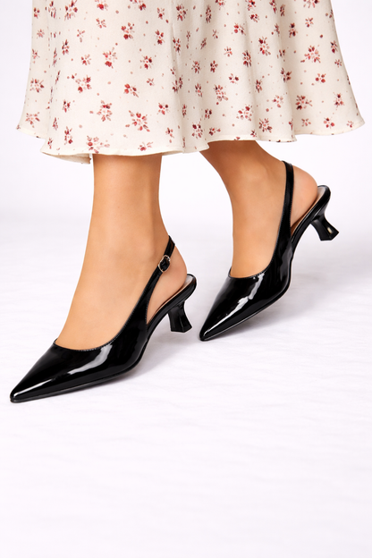 Cosima slingback donna a punta con tacco basso svasato e finitura lucida, foto 5