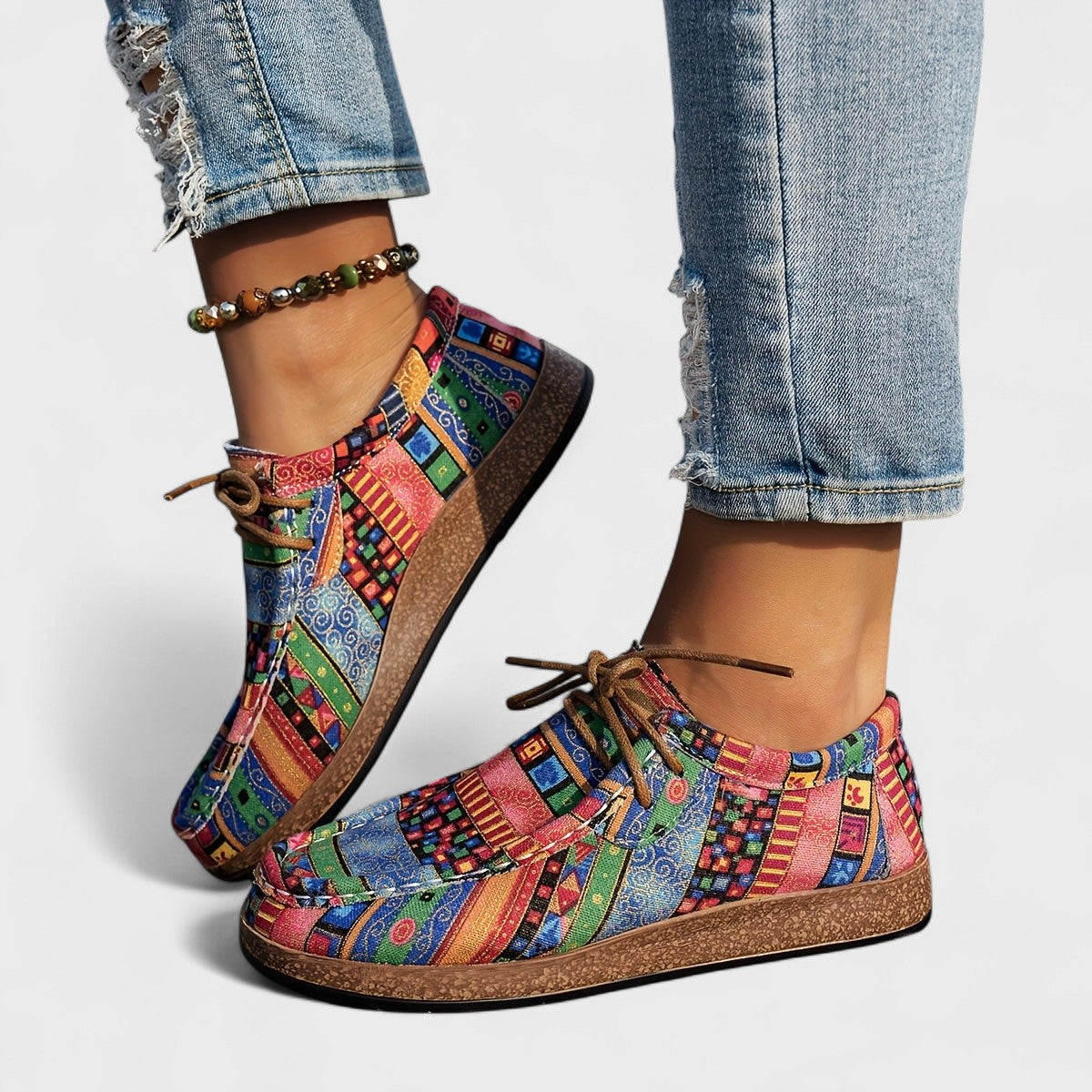 Fedora sneakers donna stringate con stampa patchwork e punta tonda, foto 3