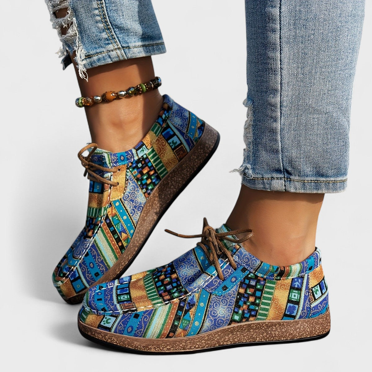Fedora sneakers donna stringate con stampa patchwork e punta tonda, foto 6