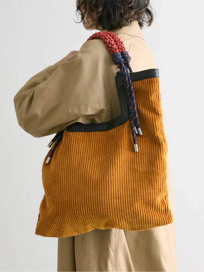 Gerarda borsa shopper donna in velluto a coste con manico intrecciato, foto 1