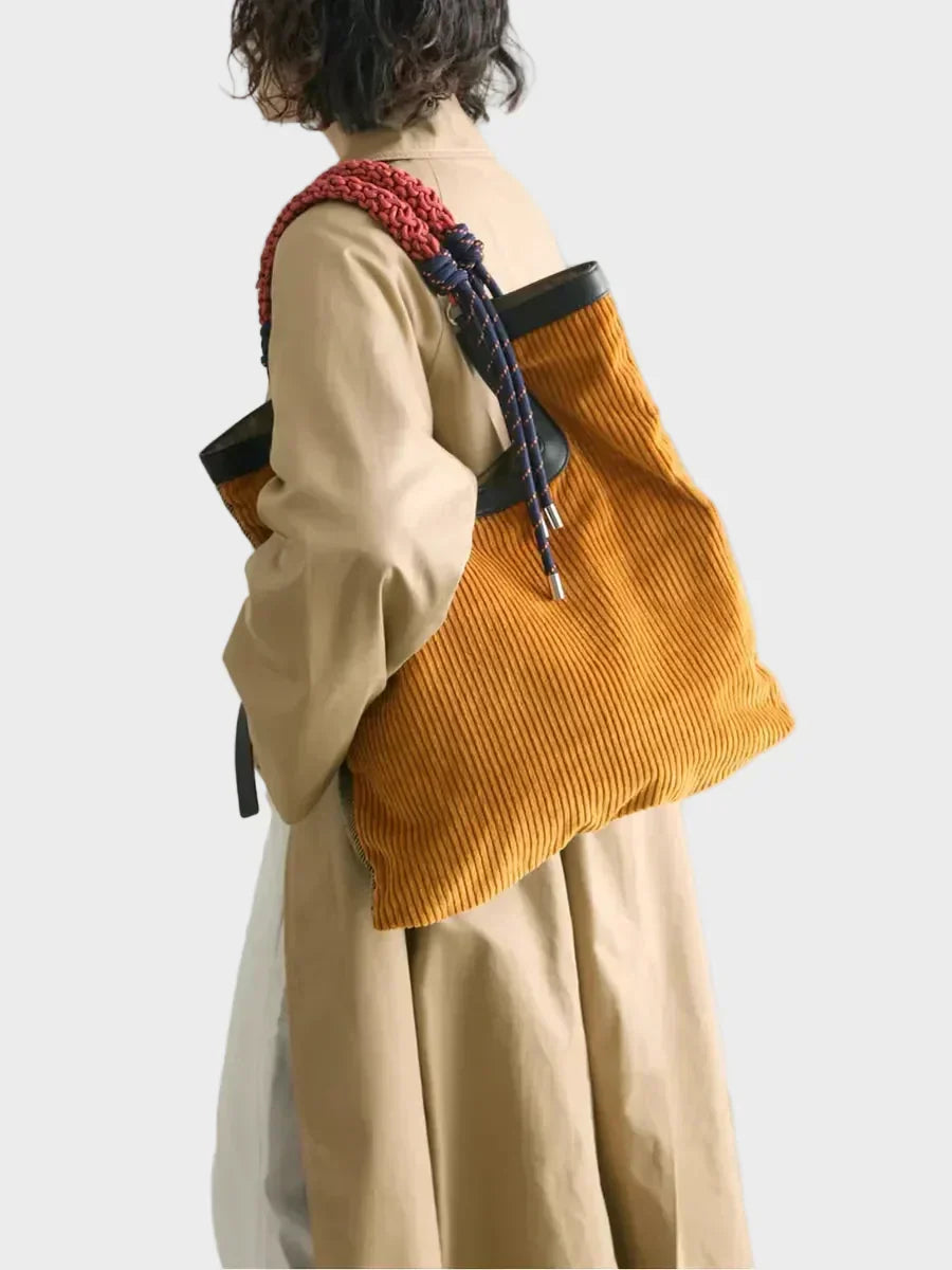 Gerarda borsa shopper donna in velluto a coste con manico intrecciato, foto 2