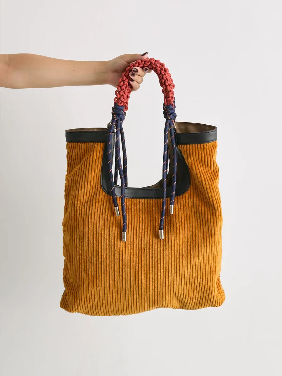 Gerarda borsa shopper donna in velluto a coste con manico intrecciato, foto 3