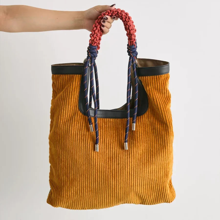 Gerarda borsa shopper donna in velluto a coste con manico intrecciato, foto 6