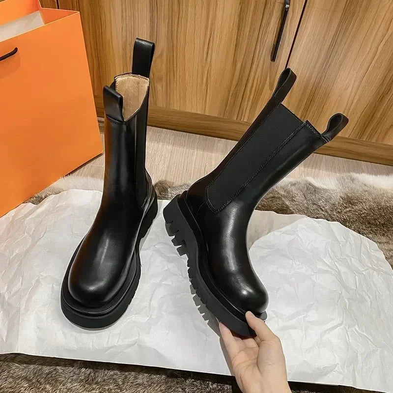 Giocondina chelsea boots donna alti a metà polpaccio con suola carrarmato, foto 6