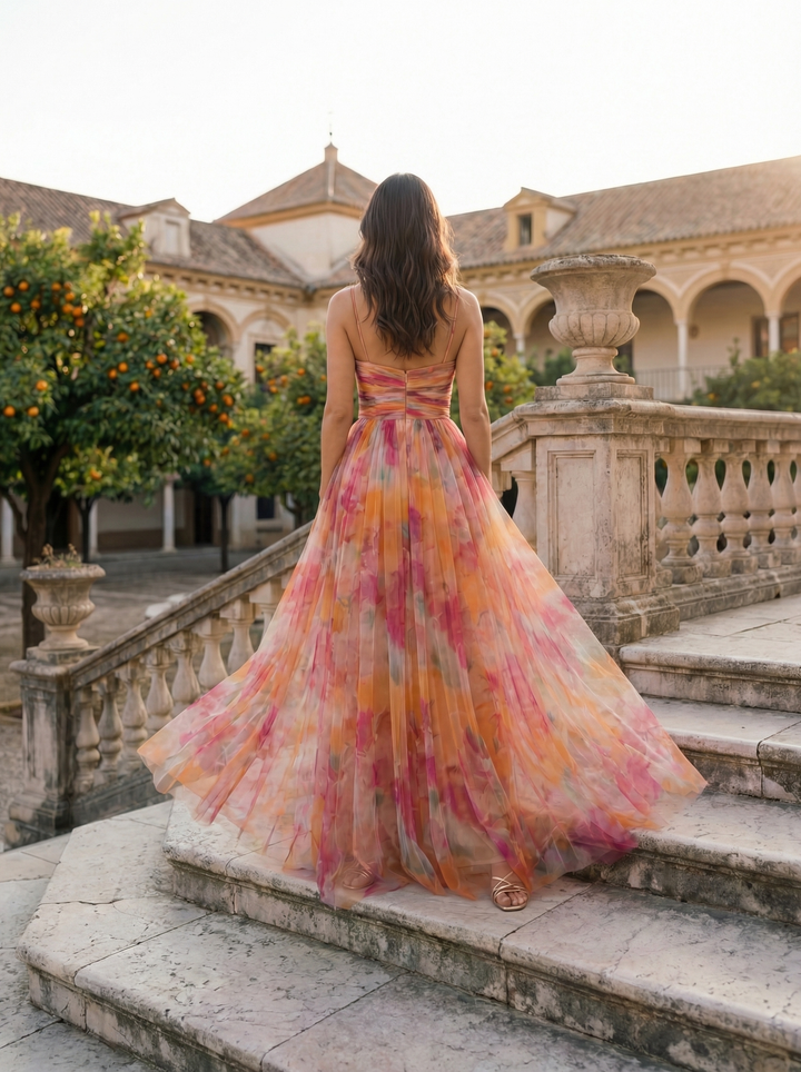 Angelica | Abito lungo floreale in tulle