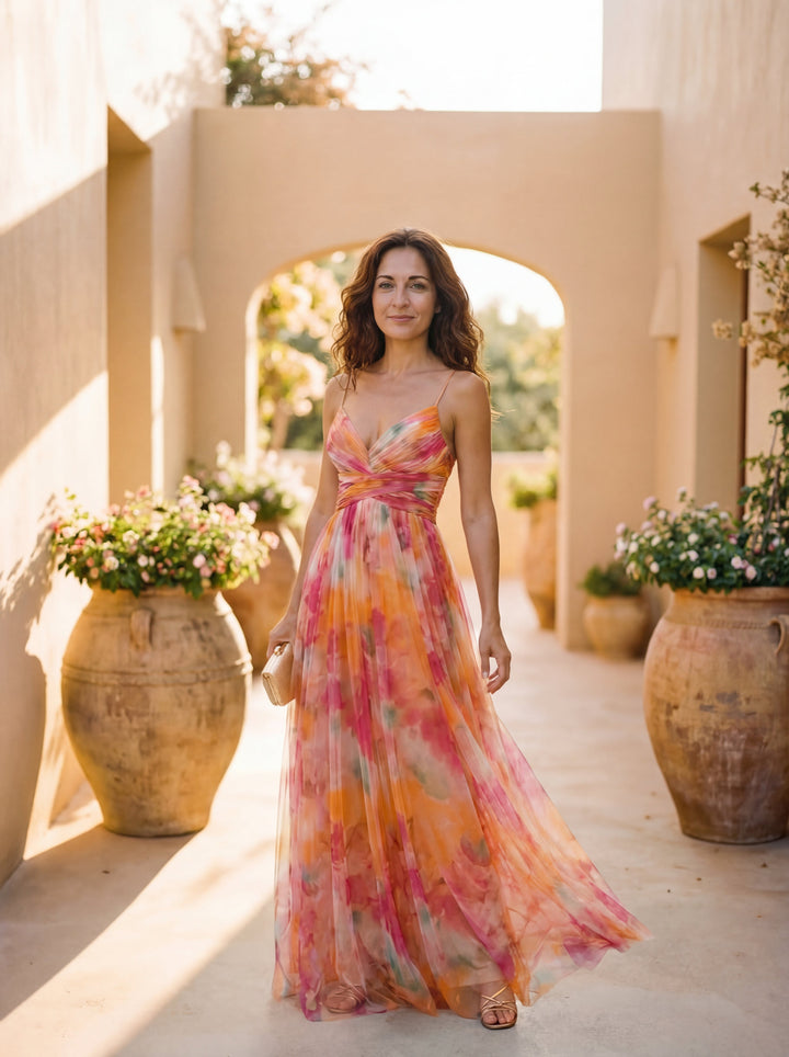 Angelica | Abito lungo floreale in tulle
