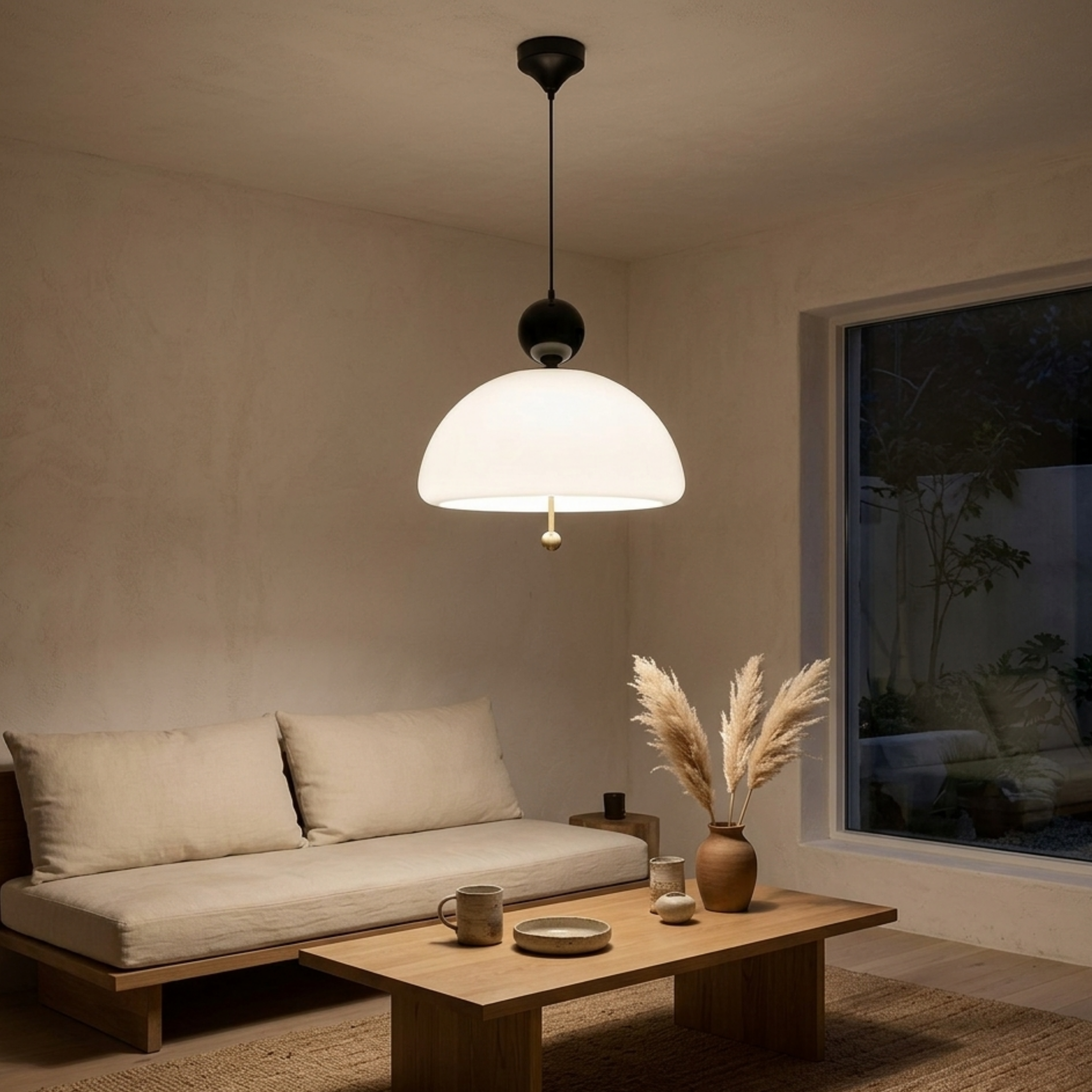 Lampada a sospensione a cupola in vetro beige con dettagli cromati