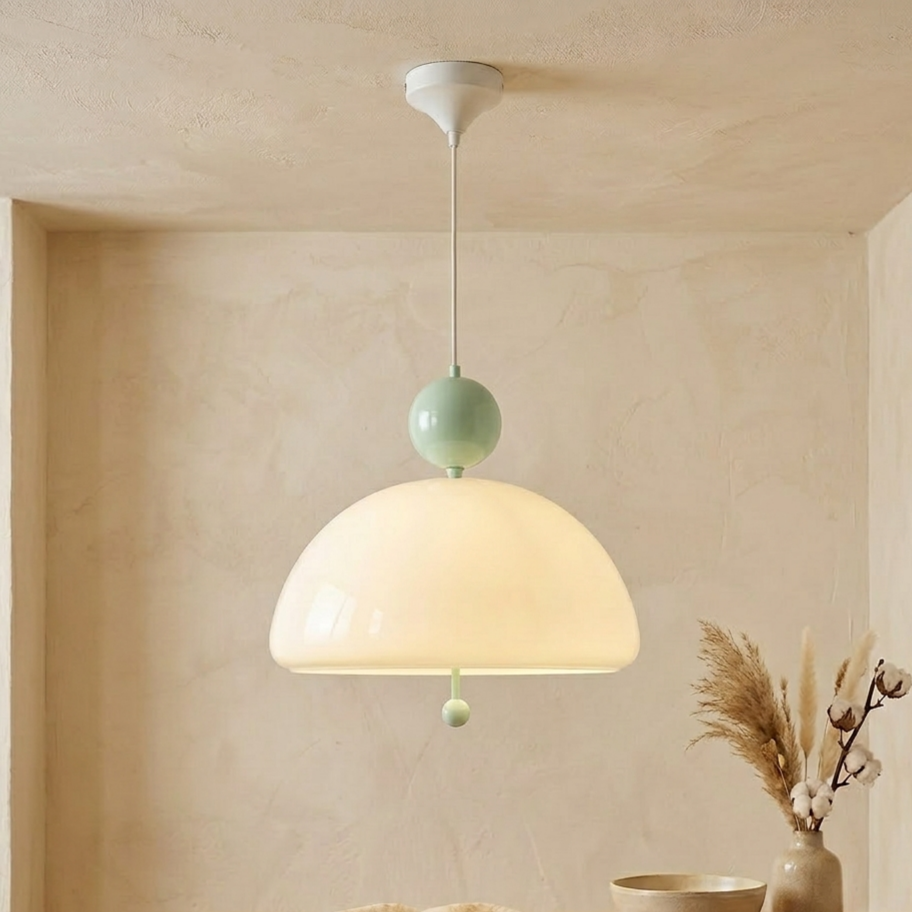 Lampada a sospensione a cupola in vetro beige con dettagli cromati