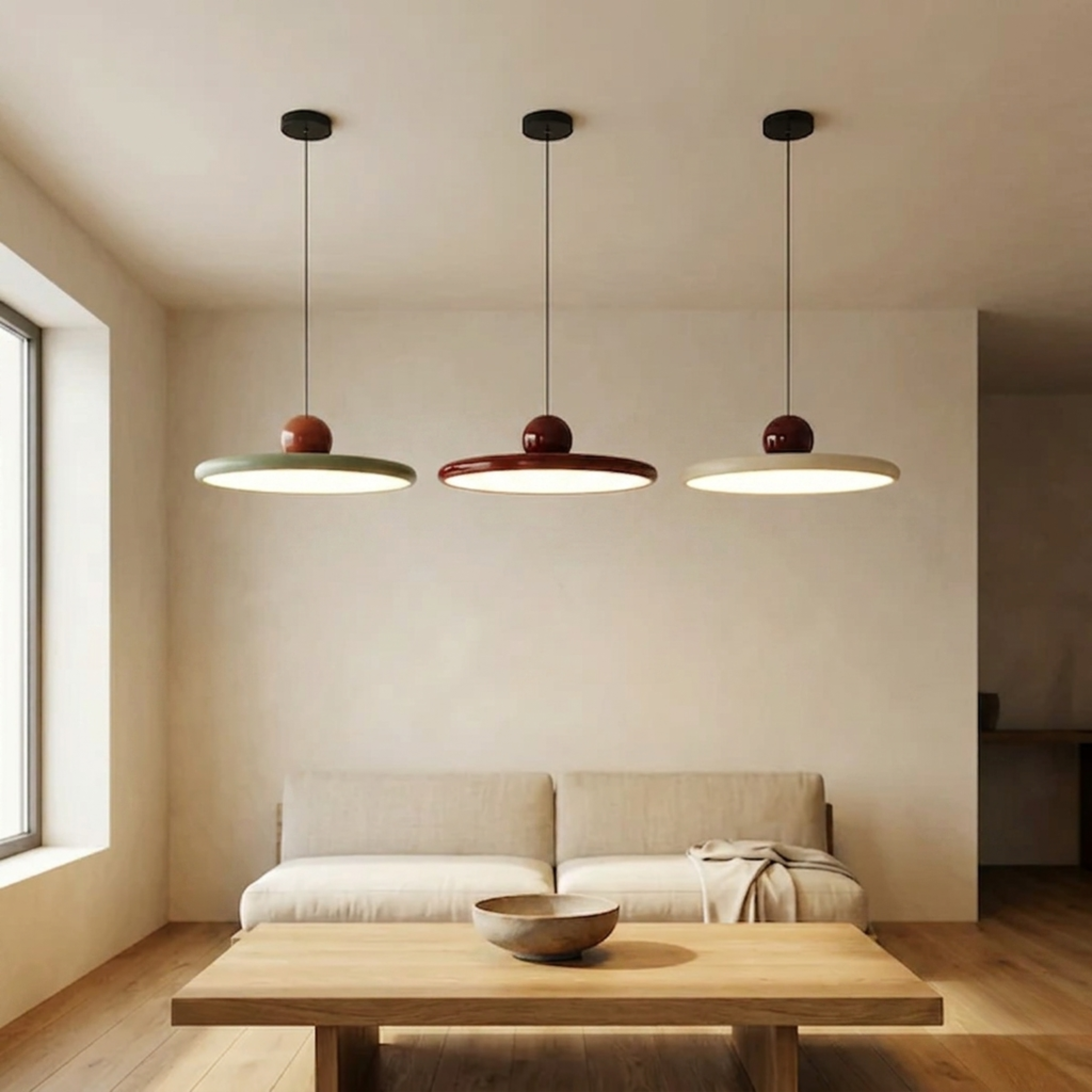 Lampada a sospensione a disco in vetro colorato stile Bauhaus