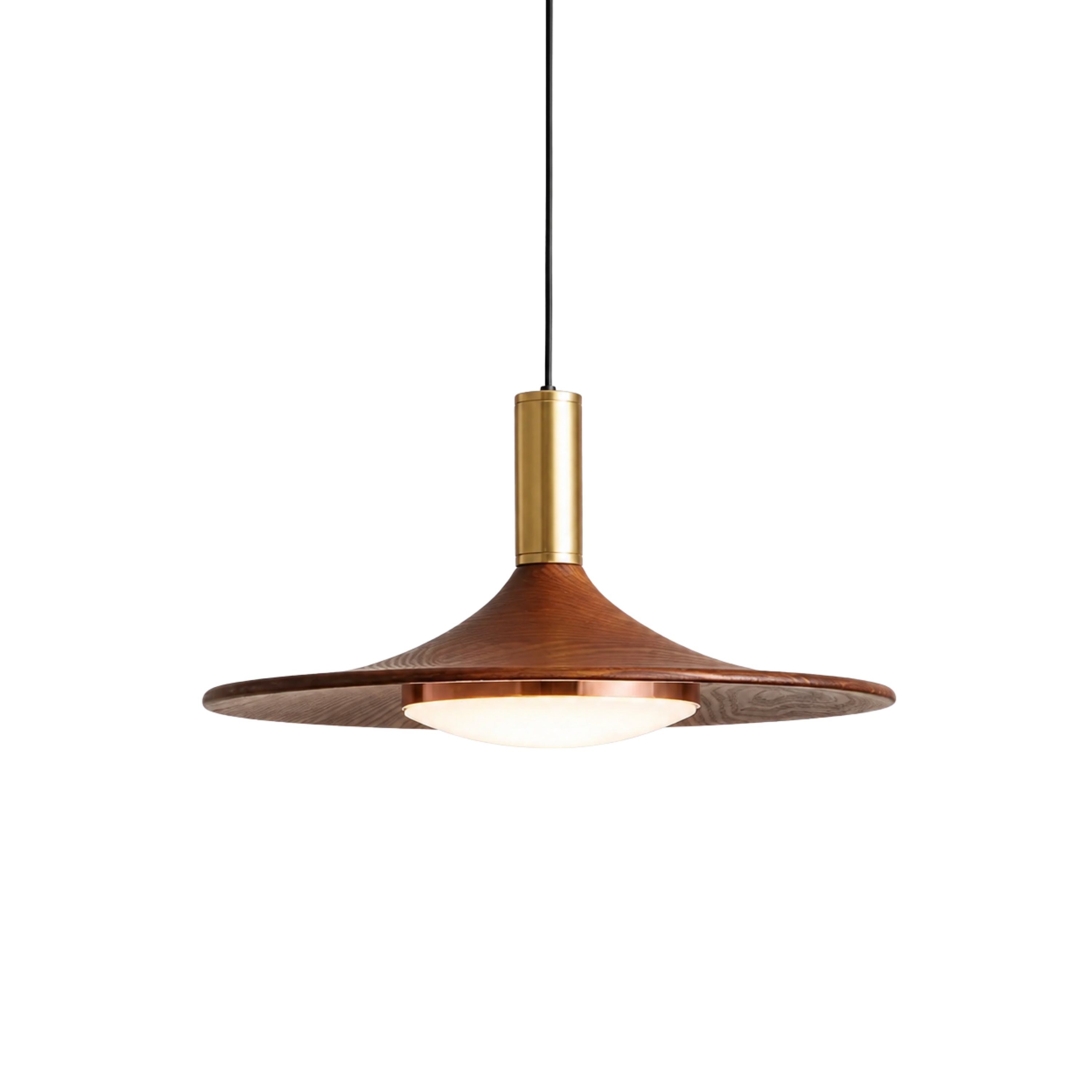 Lampada a sospensione a disco volante effetto legno noce mid century