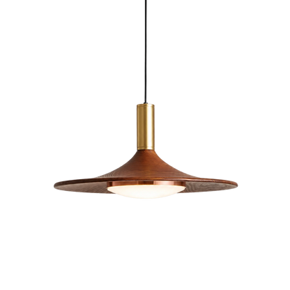 Lampada a sospensione a disco volante effetto legno noce mid century