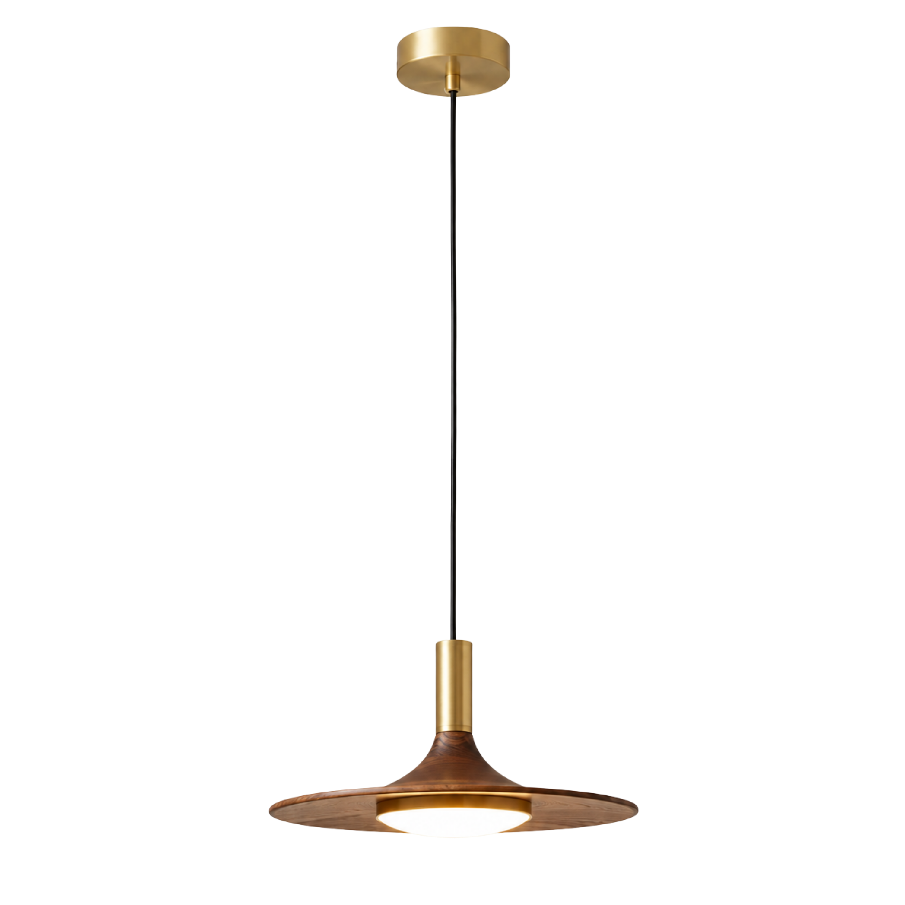 Lampada a sospensione a disco volante effetto legno noce mid century