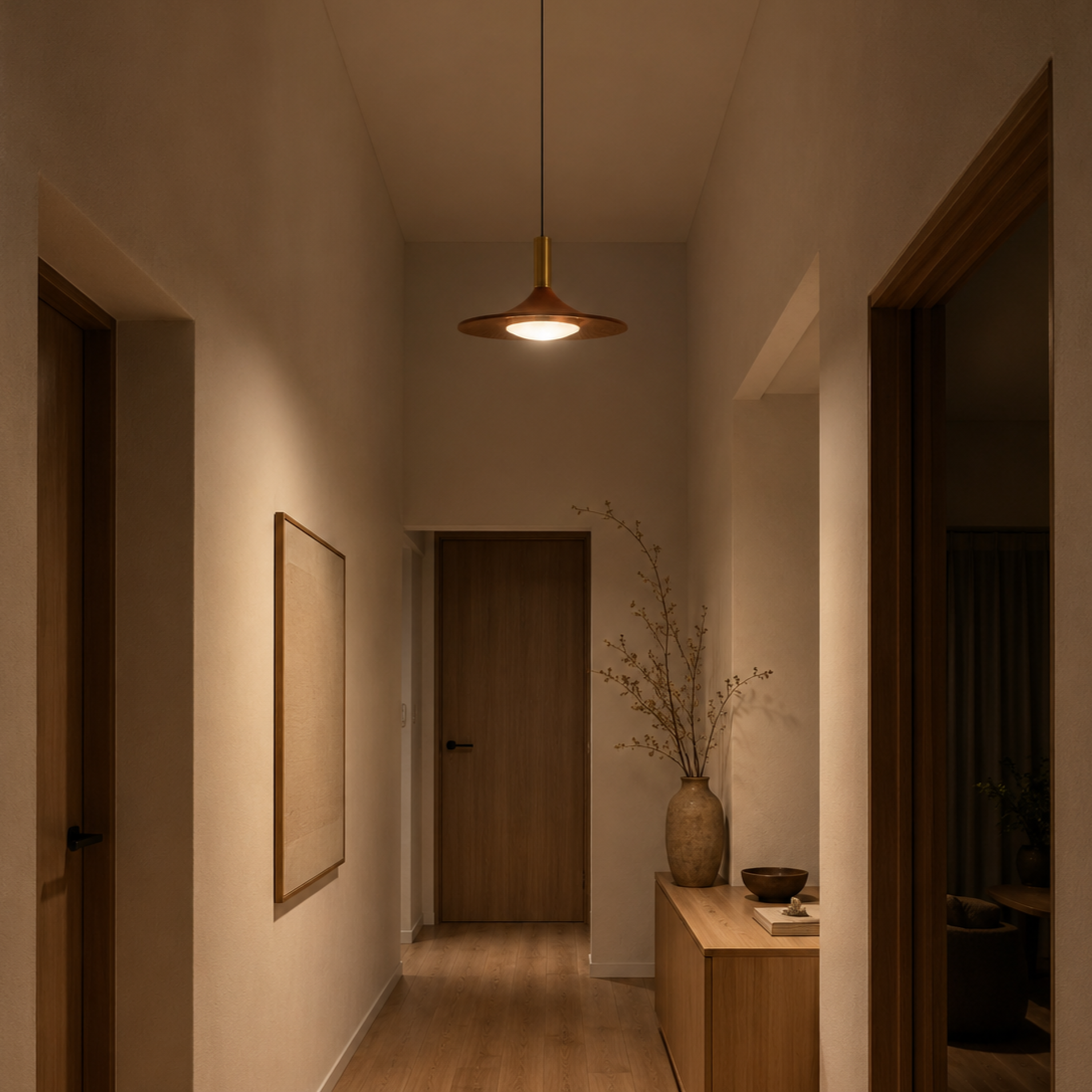 Lampada a sospensione a disco volante effetto legno noce mid century