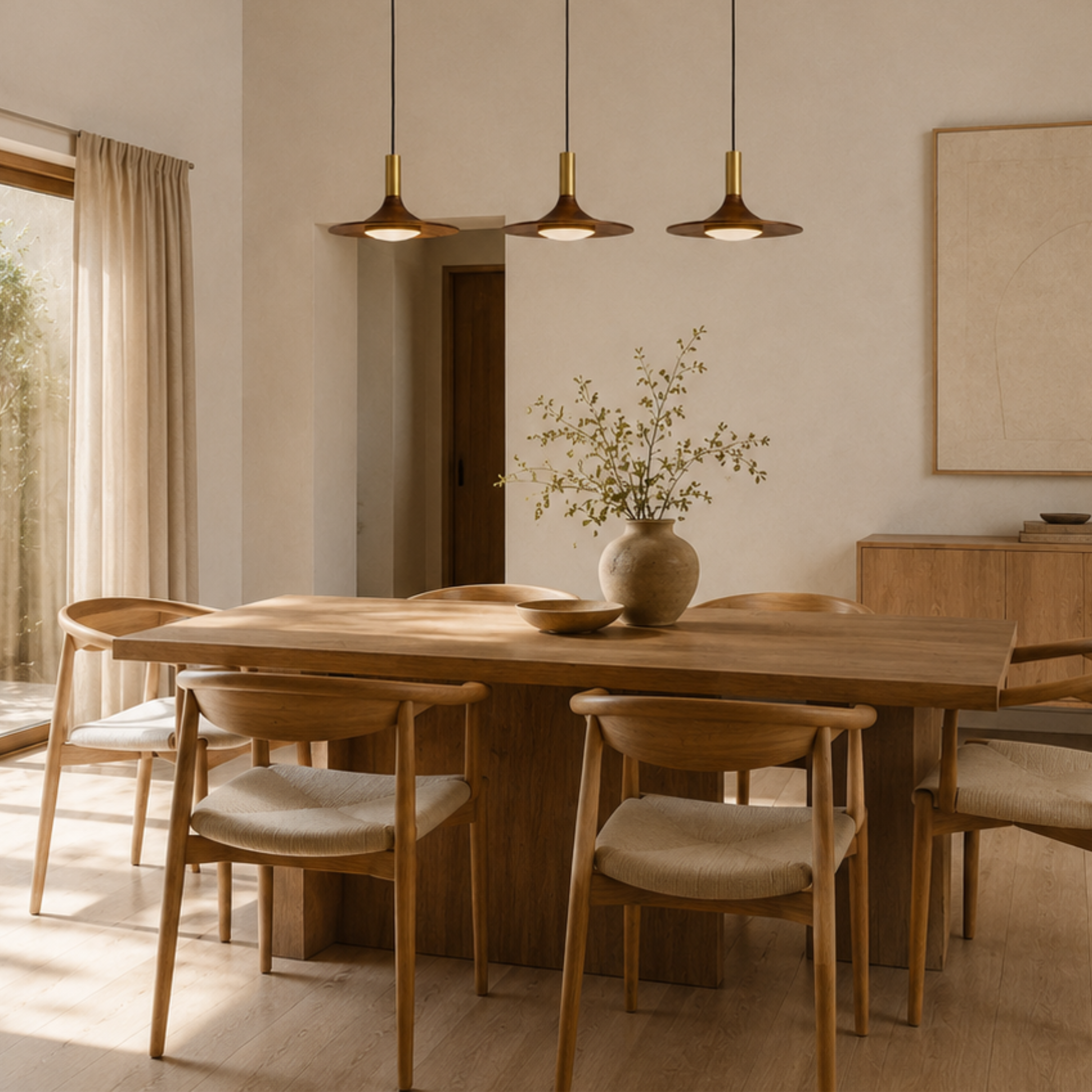 Lampada a sospensione a disco volante effetto legno noce mid century