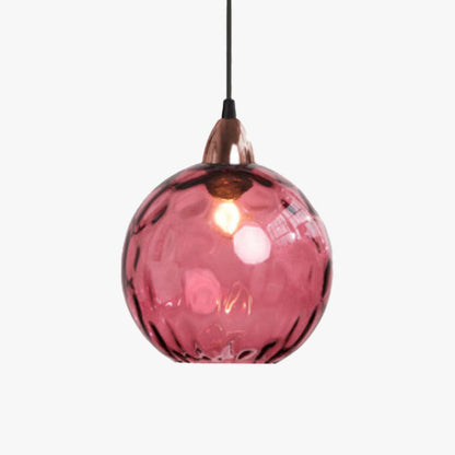 Lampada a sospensione a globo in vetro ondulato colorato con paralume testurizzato oro