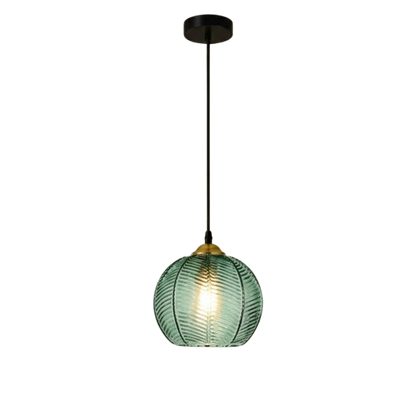 Lampada a sospensione a globo in vetro rigato colorato ambra, verde o grigio fumo
