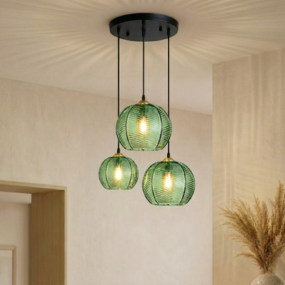 Lampada a sospensione a globo in vetro rigato colorato ambra, verde o grigio fumo