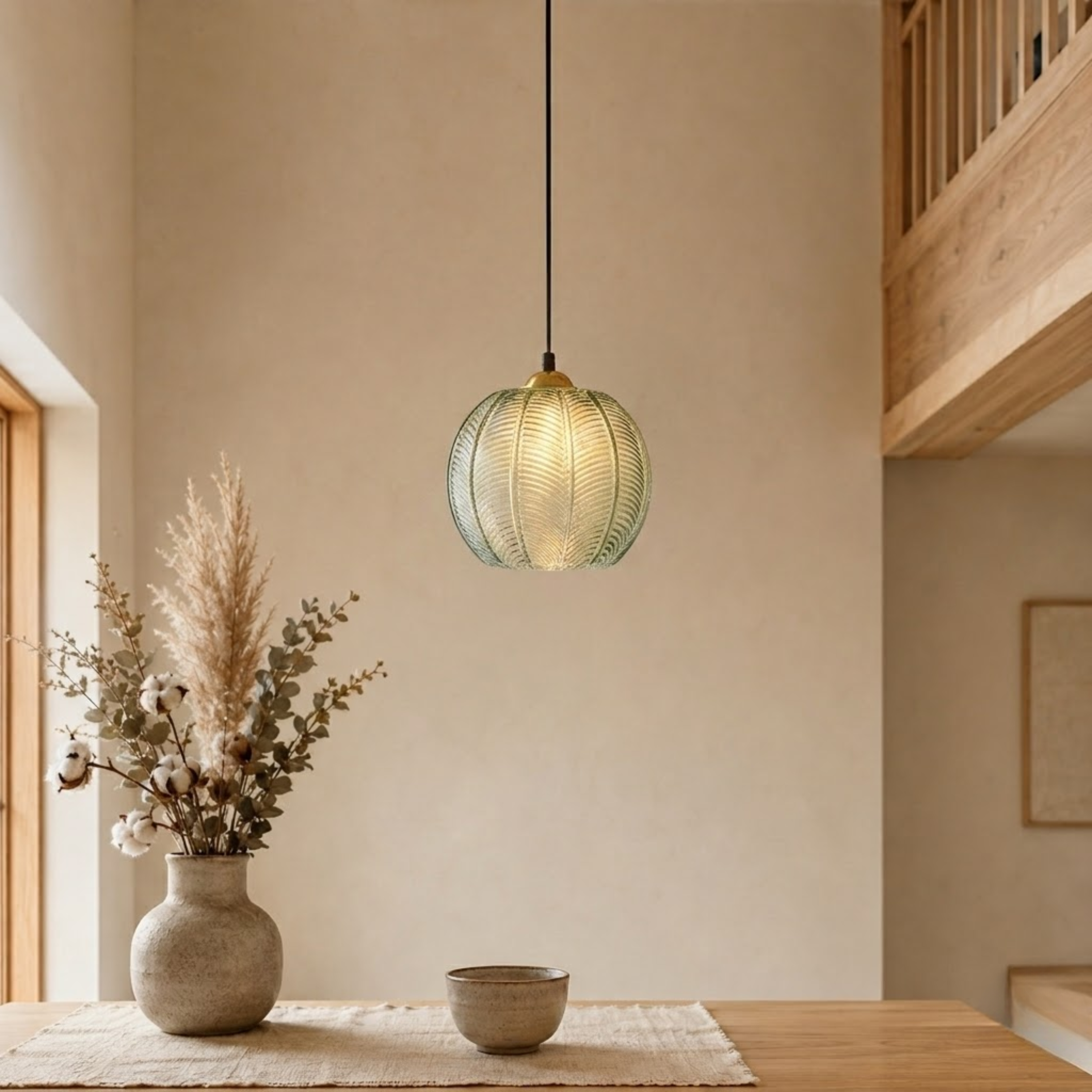 Lampada a sospensione a globo in vetro verde con motivo a foglie