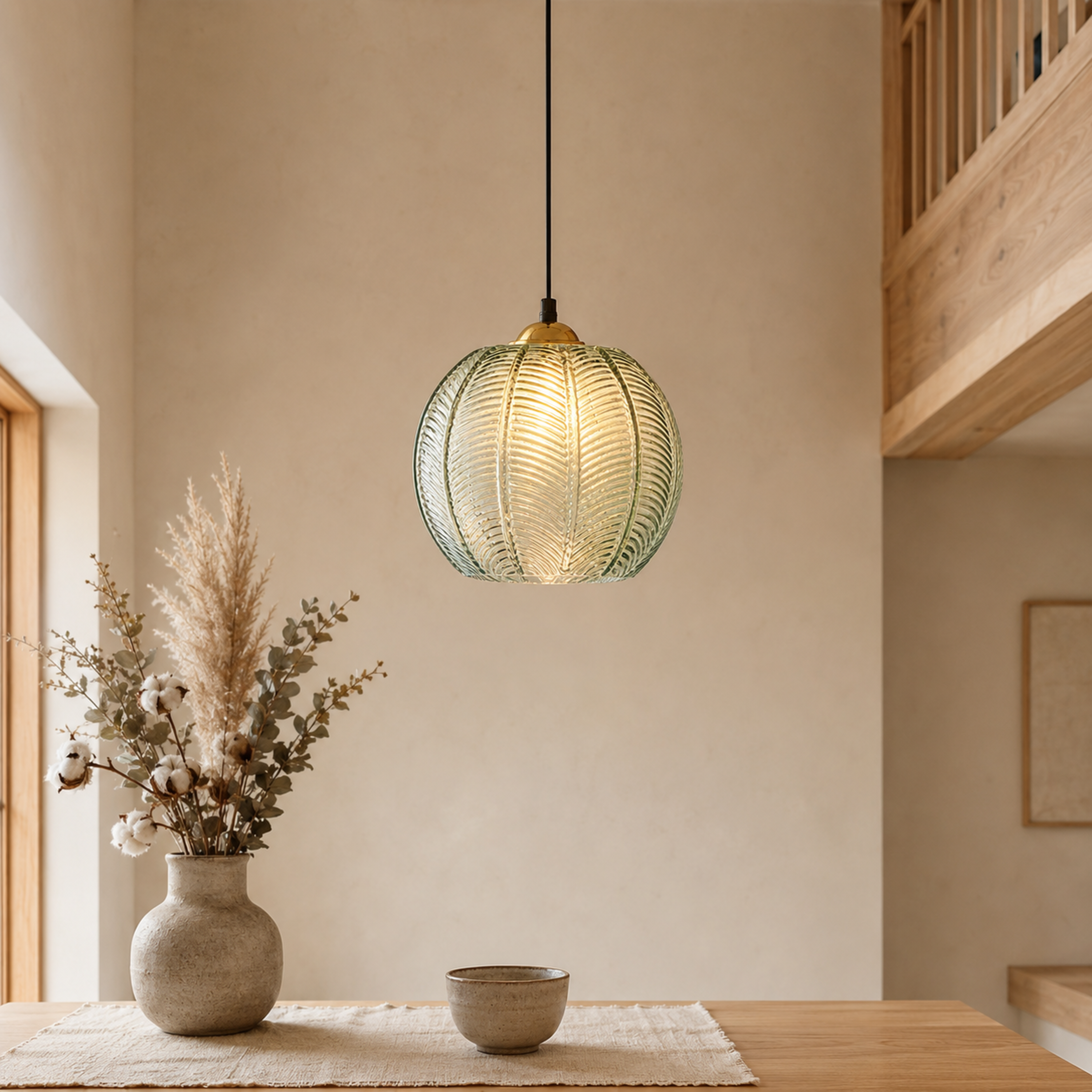 Lampada a sospensione a globo in vetro verde con motivo a foglie