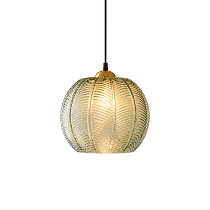 Lampada a sospensione a globo in vetro verde con motivo a foglie