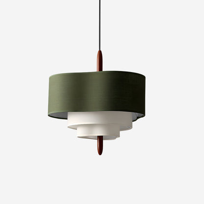 Lampada a sospensione a tamburo in tessuto verde con dettagli in legno, stile scandinavo