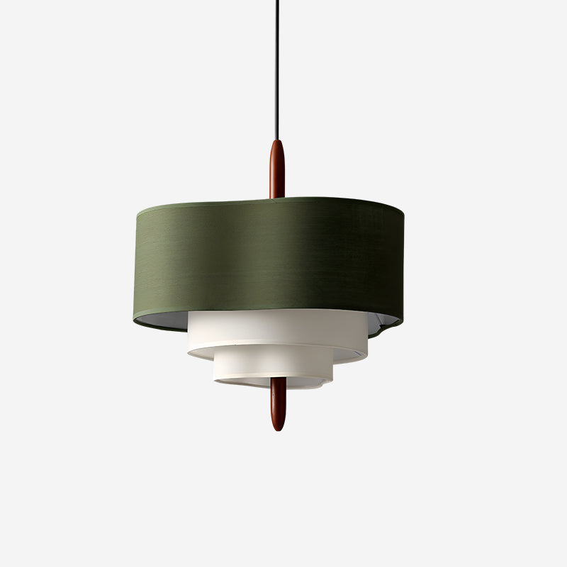 Lampada a sospensione a tamburo in tessuto verde con dettagli in legno, stile scandinavo