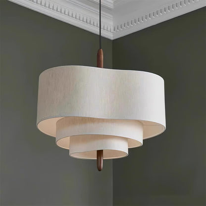 Lampada a sospensione a tamburo in tessuto verde con dettagli in legno, stile scandinavo