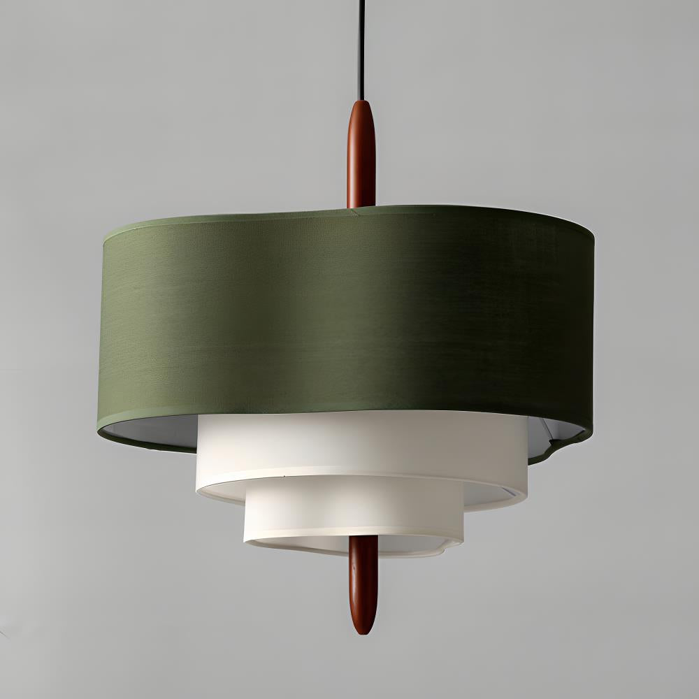 Lampada a sospensione a tamburo in tessuto verde con dettagli in legno, stile scandinavo