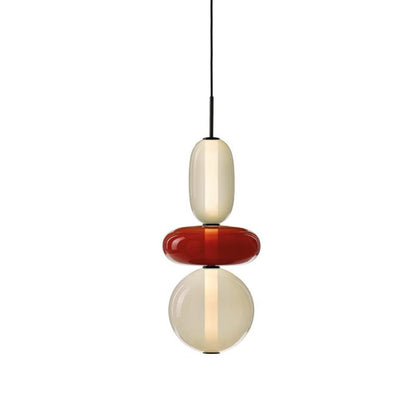 Lampada a sospensione bicolore in vetro a ciottolo ambra e crema con paralumi sovrapposti in metallo