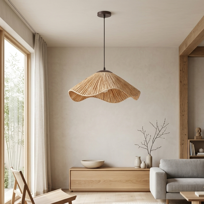 Lampada a sospensione boho in erba intrecciata naturale a forma di cappello di paglia