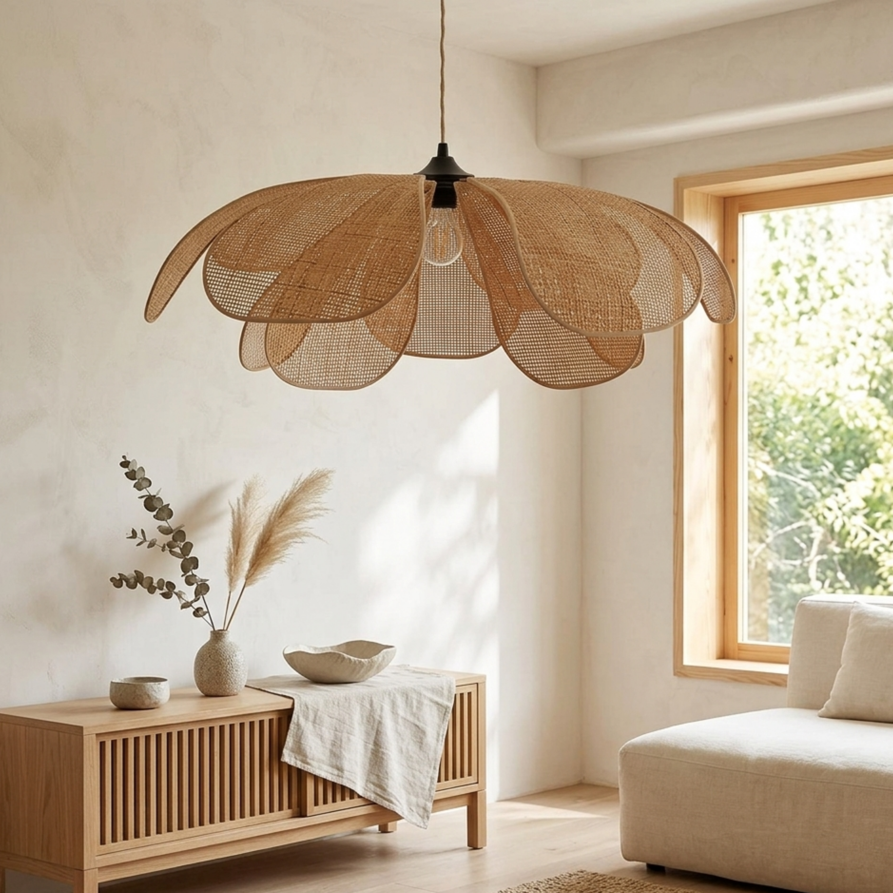 Lampada a sospensione boho in rattan intrecciato a petali di fiore
