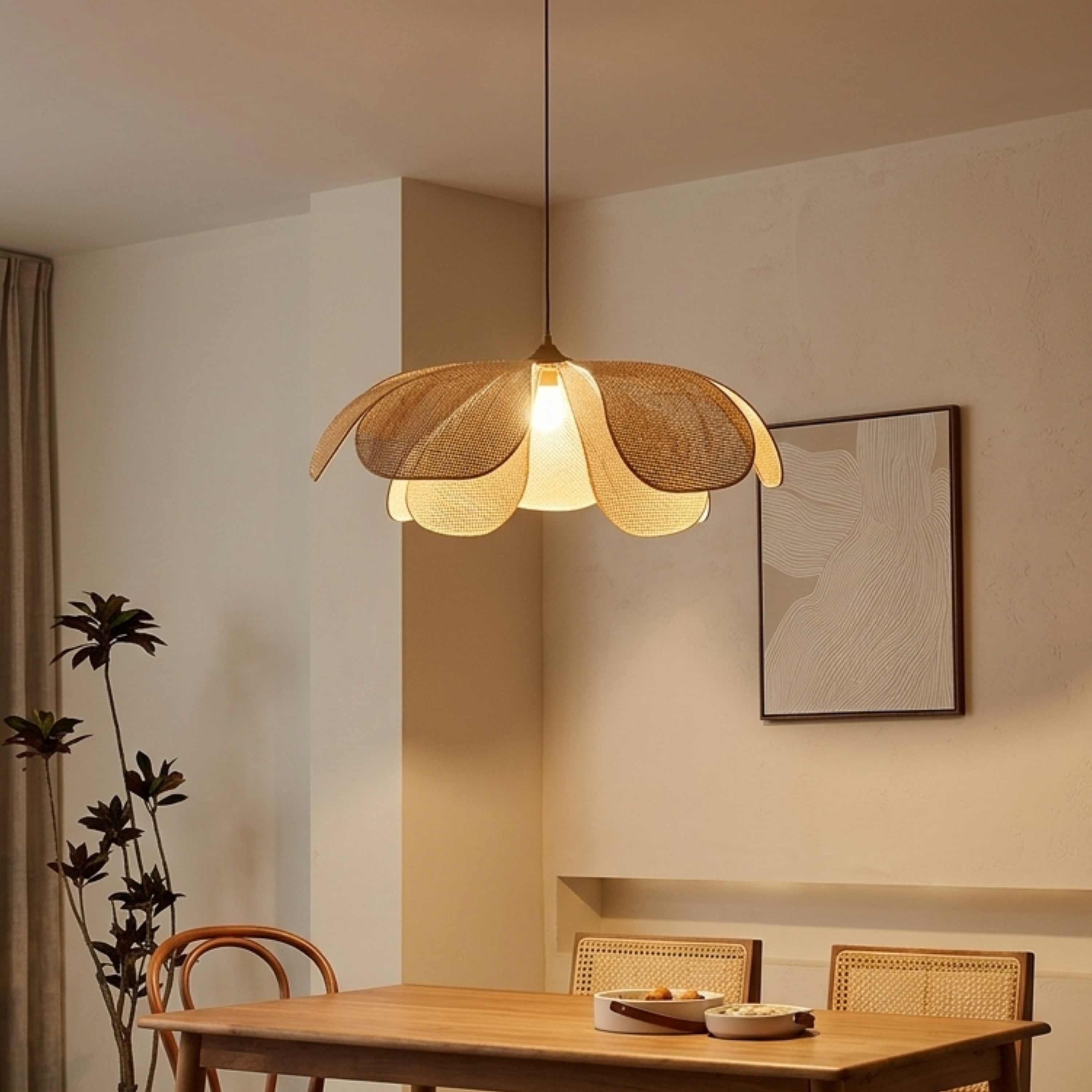 Lampada a sospensione boho in rattan intrecciato a petali di fiore