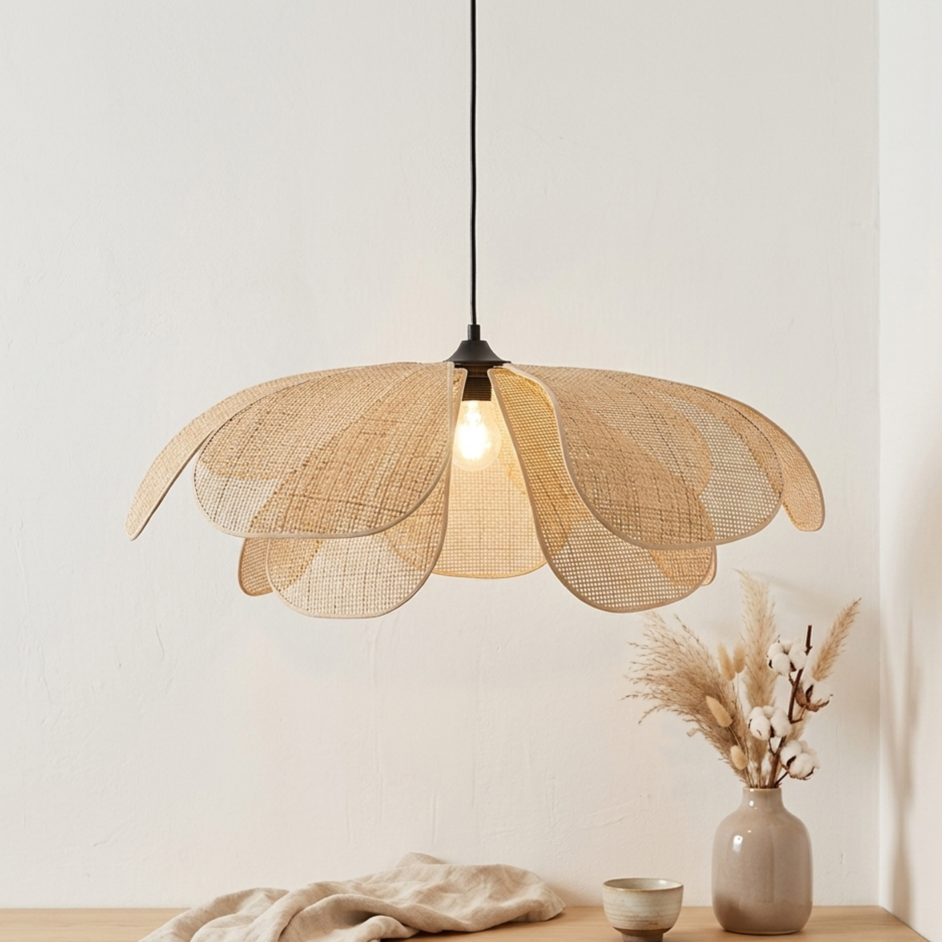 Lampada a sospensione boho in rattan intrecciato a petali di fiore