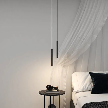 Lampada a sospensione cilindrica sottile in metallo nero, LED moderna e minimalista