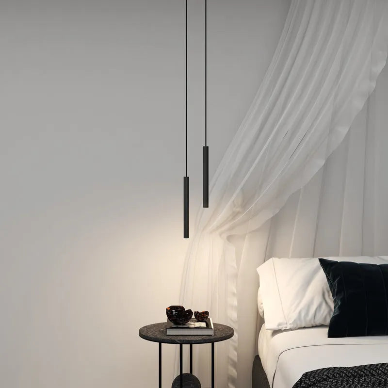 Lampada a sospensione cilindrica sottile in metallo nero, LED moderna e minimalista