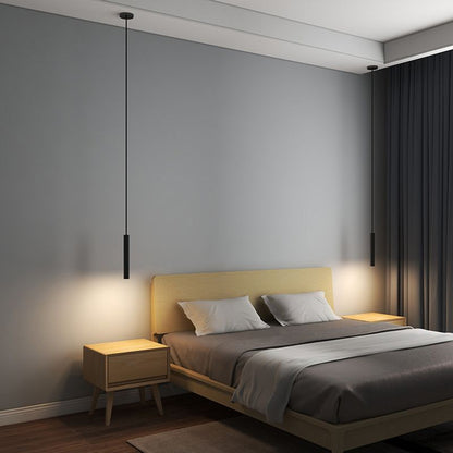 Lampada a sospensione cilindrica sottile in metallo nero, LED moderna e minimalista