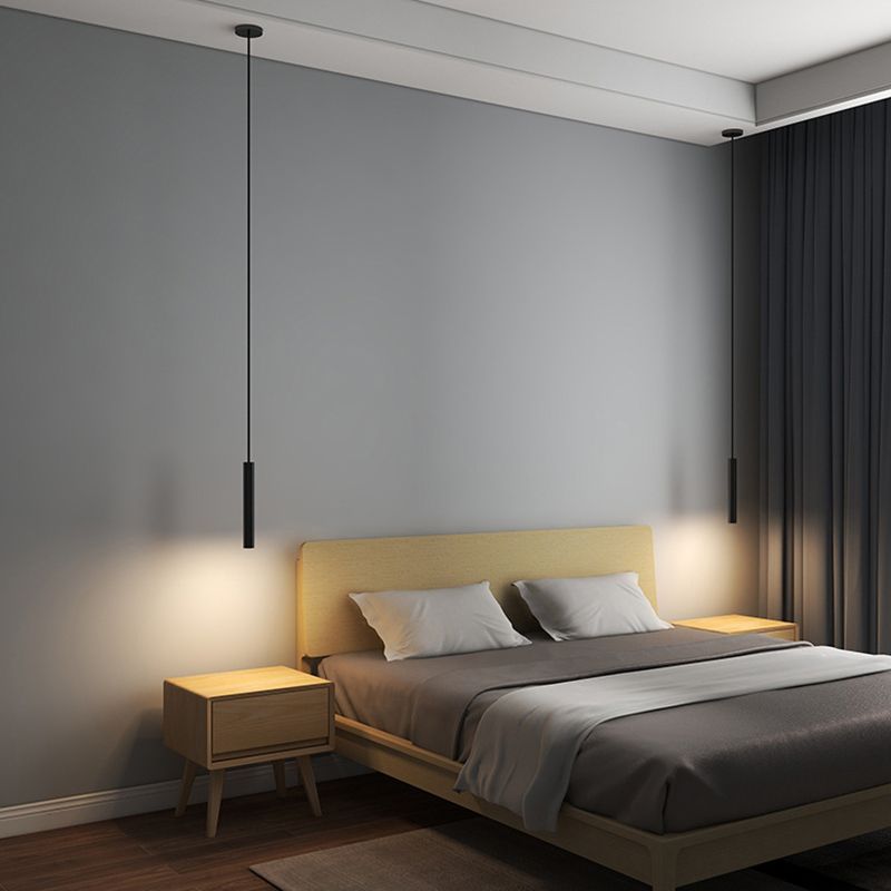 Lampada a sospensione cilindrica sottile in metallo nero, LED moderna e minimalista