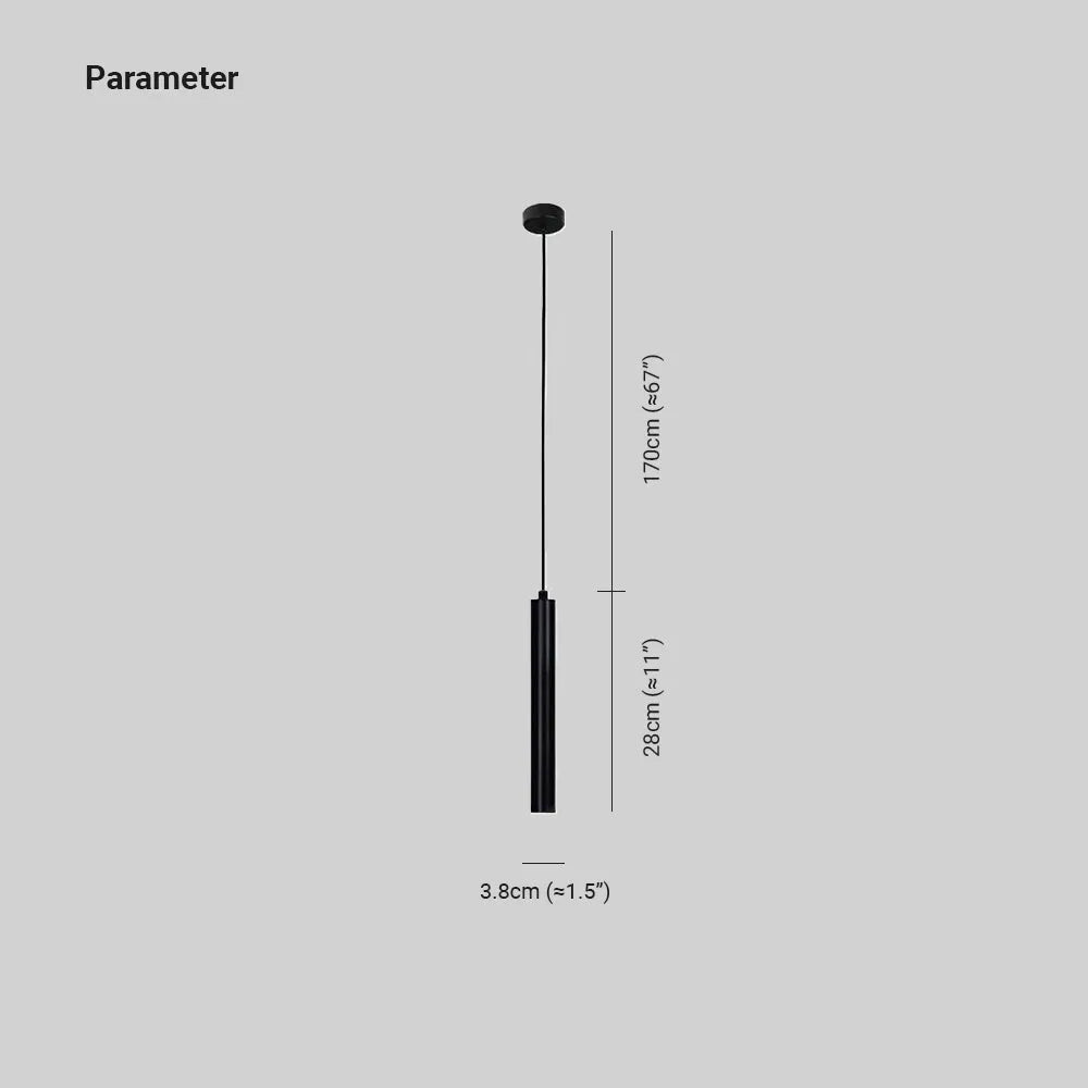 Lampada a sospensione cilindrica sottile in metallo nero, LED moderna e minimalista