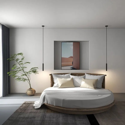 Lampada a sospensione cilindrica sottile in metallo nero, LED moderna e minimalista