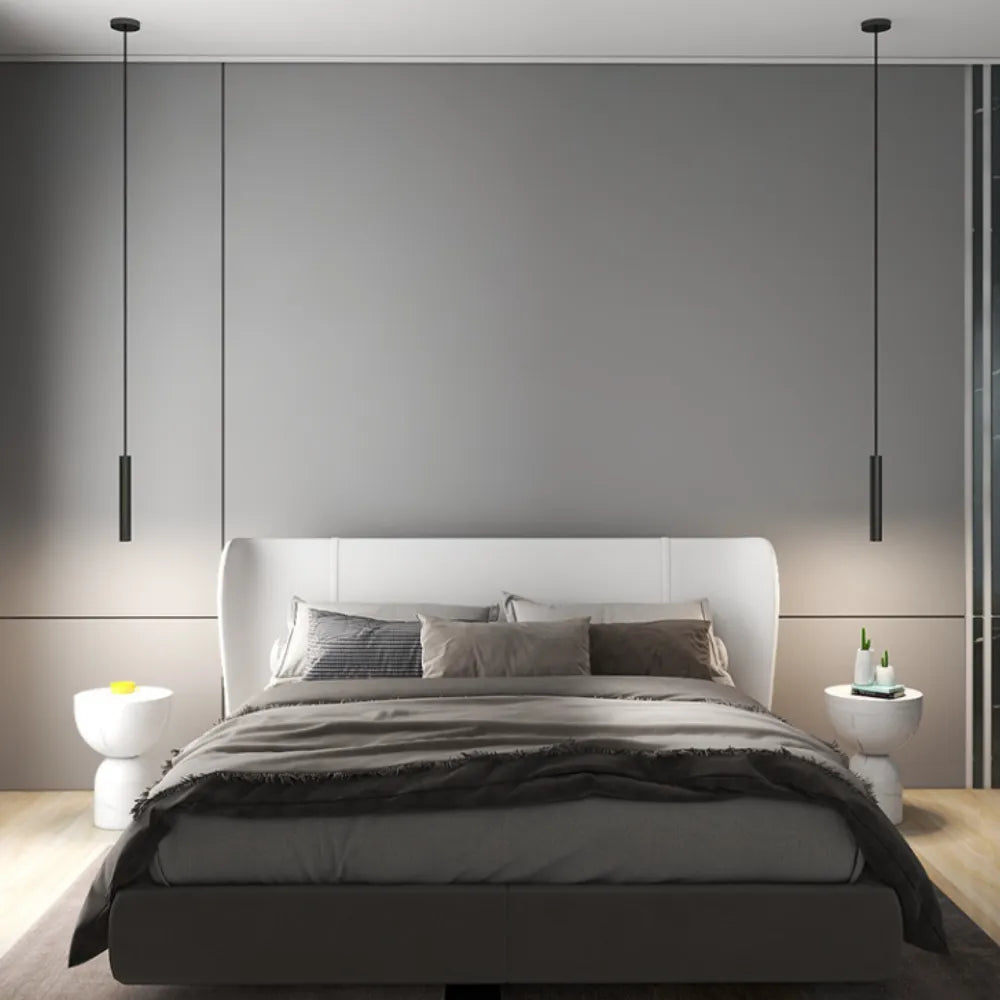 Lampada a sospensione cilindrica sottile in metallo nero, LED moderna e minimalista