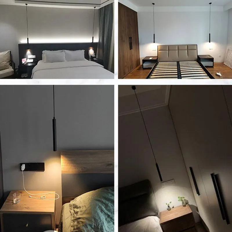 Lampada a sospensione cilindrica sottile in metallo nero, LED moderna e minimalista