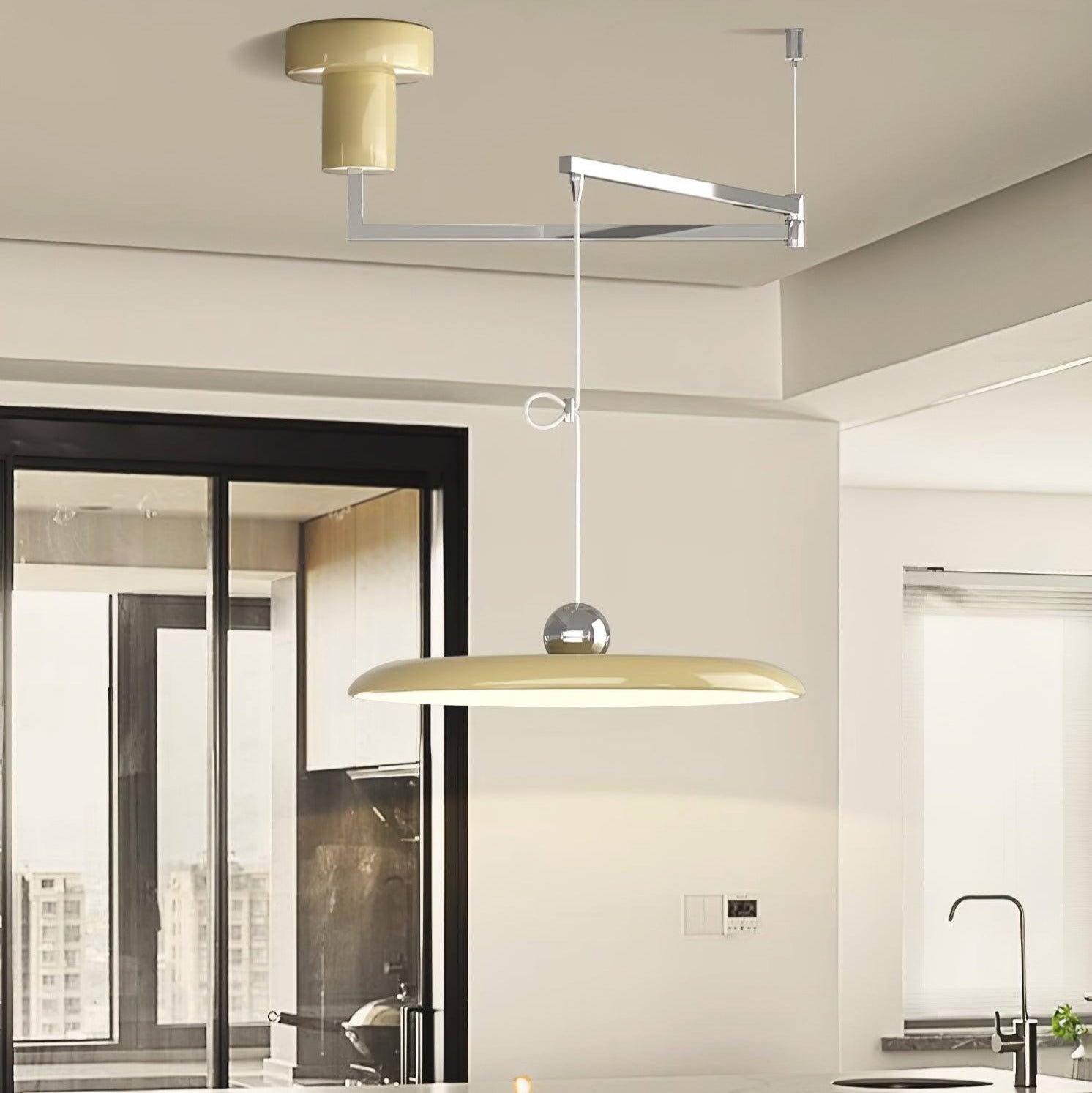 Lampada a sospensione con braccio regolabile e paralume a disco in metallo, LED integrato dimmerabile