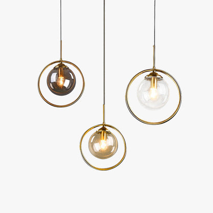 Lampada a sospensione con globo in vetro e anello in metallo, vetro colorato, dimmerabile
