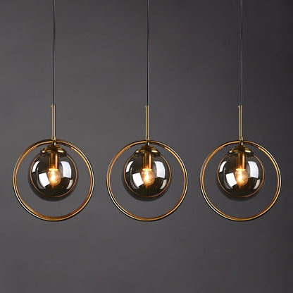 Lampada a sospensione con globo in vetro e anello in metallo, vetro colorato, dimmerabile