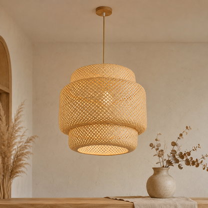 Lampada a sospensione in bambù intrecciato boho japandi con cavo beige