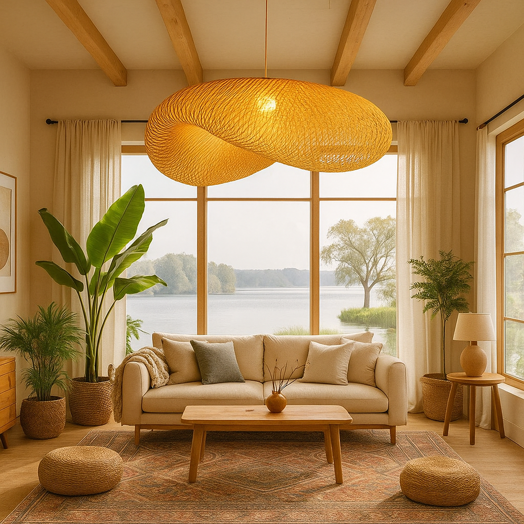 Lampada a sospensione in bambù intrecciato stile boho