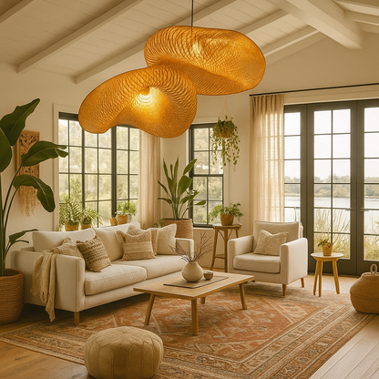 Lampada a sospensione in bambù intrecciato stile boho